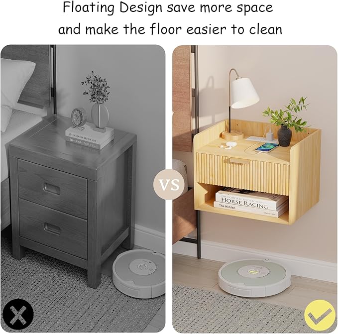 Arbuxzuy Floating Nightstand Set of 2 with Charging Station, Modern Wall Mounted Bedside Table with Drawer & Open Shelf, Made of Minimalist Wood for Bedroom (Light Brown) - Image 5