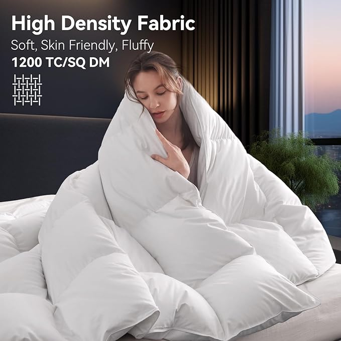 L LOVSOUL Organic 75% Down Fiber Comforter Queen Size,850+FP,1200TC,Extra Fluffy,Hotel Style,Luxury Ultra Soft All Season White Duvet Insert with 8 Corner Tabs