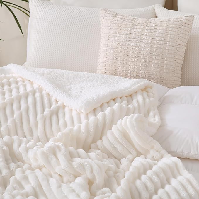 Cream White Sherpa Fleece Throw Blanket 90”×90” for Couch Sofa Bed,Super Soft Cozy Plush Double Side Thick Flannel Blanket with Striped Design Lightweight for Adults,Woman,Girls