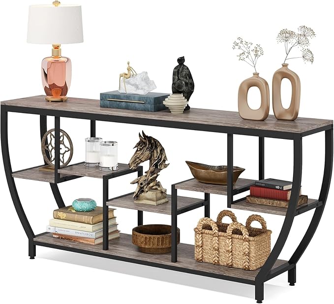 LITTLE TREE 70.9 Inch Long Sofa Table with Shelves, Rustic Console Table with Storage, Industrial Entryway TV Stand, Behind Couch Table Accent Tables for Living Room, Hallway, Foyer