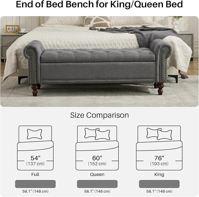 SOFTHION 58.1" Storage Bench Upholstered Linen End of Bedroom Bed Bench Ottoman with Tufted Cushioned Rolled Arm Large Storage Space for Reading Living Room Entryway, Grey - Image 5