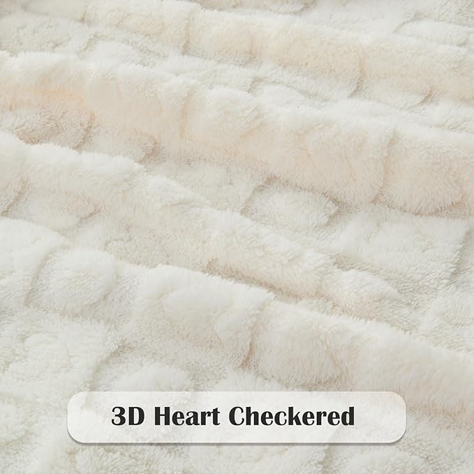 NEWCOSPLAY Super Soft Queen Blanket Ivory Premium Silky Flannel Fleece 3D Heart Checkered Lightweight Bed Blanket All Season Use (Ivory Heart, Queen(90"x90"))