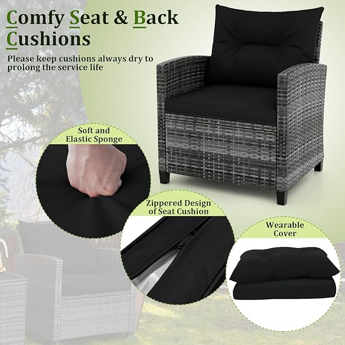 RELAX4LIFE 3 Piece Patio Furniture Set, Wicker Bistro Conversation Set w/2 Cushioned Armchairs & Glass Topped Table, Outdoor Rattan Sofa Set Patio Furniture for Porch Balcony Poolside (Grey-Black)
