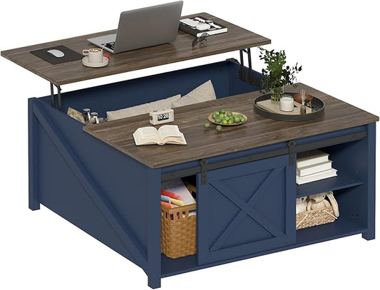 PUKAMI Lift Top Coffee Table with Storage, 31.5" Farmhouse Coffee Table for Living Room, Square Coffee Tables with Large Hidden Storage and Sliding Barn Doors, Navy Blue