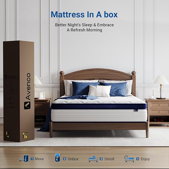 Avenco Queen Mattress, Hybrid Queen Size Mattress in a Box, 12 Inch Queen Size Mattresses with Comfort Foam and Pocket Coils for Pressure Relief Motion Isolation