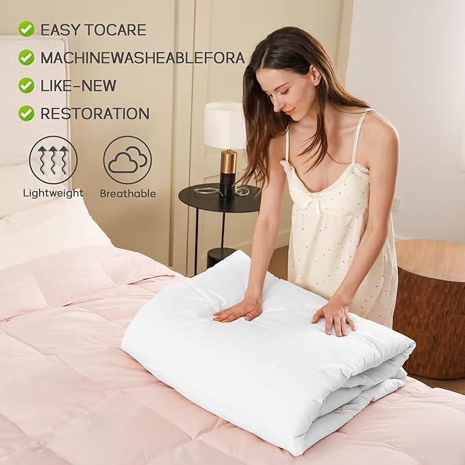 Joysoul Goose Feathers Fiber Comforter - Lightweight Ultra Soft Fabric Cover Breathable White Down Feather Fill, Queen Size Duvet Insert (88" X 88")