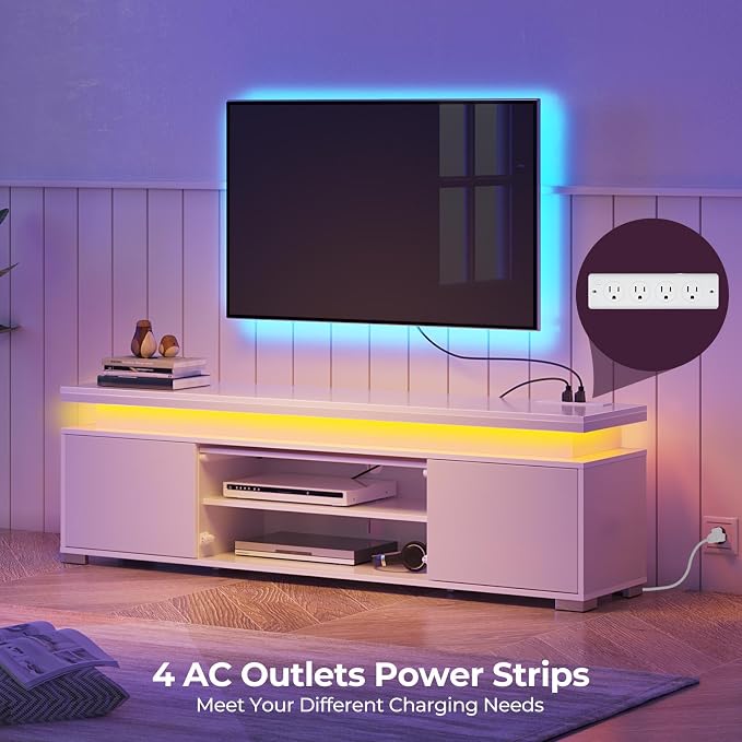 Rolanstar TV Stand with LED Lights & Power Outlet, Modern Entertainment Center for 32/43/50/55/65 Inchs TVs, Table, Universal Gaming Media Stand Storage Cabinet and Large Storage, White - Image 6