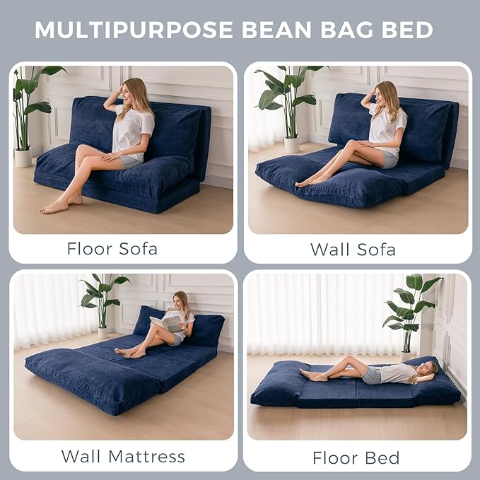 MAXYOYO Folding Sofa Bed, Extra Thick and Long Floor Sofa Convertible Sleeper Chair with Washable Cover, Floor Couch Lounge Bean Bag Bed for Living Room, Navy, 30x95 Inch