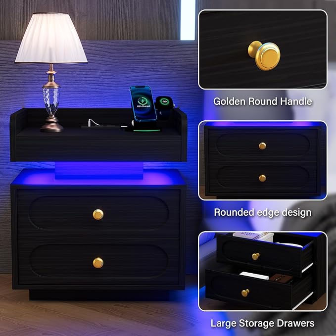 4ever2buy Black Nightstand Set of 2 with Adjustable LED Lights and Charging Station Modern Bedside Tables with 2 Drawers End Tables for Bedroom - Image 6