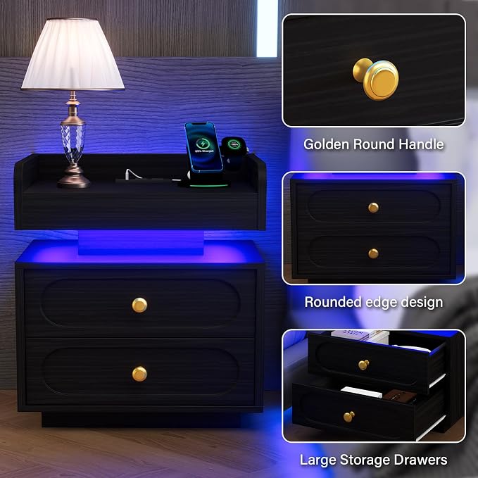 4ever2buy Black Night Stand with Adjustable LED Lights and Charging Station Modern Bedside Table with 2 Storage Drawers End Table for Bedroom - Image 6