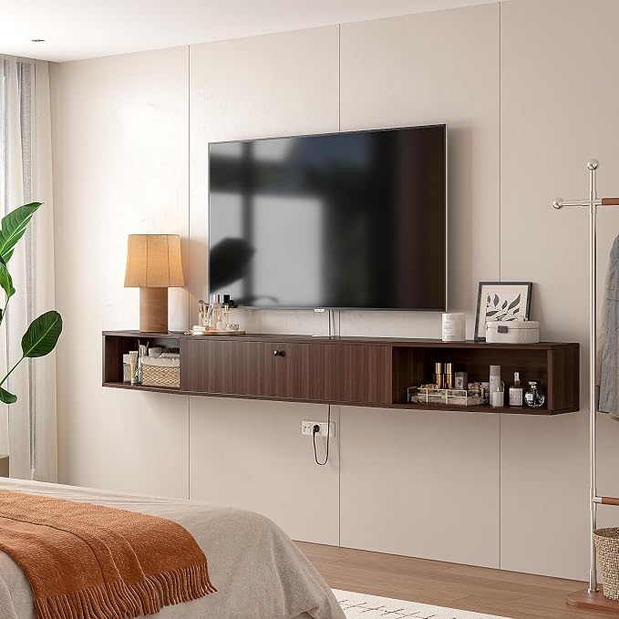 78inch Floating TV Stand, Plywood Wall Mounted Media Console with 1 Flip Down Door & 5 Open Shelves, Modern Floating Entertainment Center with Wire Management for Living Room, Walnut - Image 6