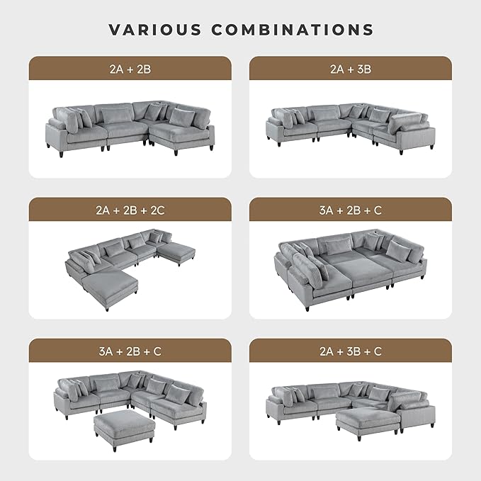Lexicon 120 Inch Modular Sectional Sofa - Oversized 5 Seater Corduroy L Shaped Sectional Couch with Ottoman, 6 Accent Pillows, and Flexible Arrangement for Modern Living Rooms, Gray