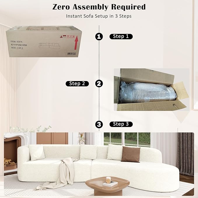 Merax Modern Minimalist Large 2-Piece Sectional Curved Chenille Sofa with 3 Pillows and High-Density Foam for Luxurious Comfort and Seamless, for Living Room, Bedroom, Beige