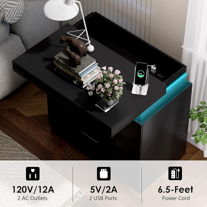 30.5” Smart Nightstand with Charging Station & LED Lights, 3-Drawer Night Stand Bedside Table with Sliding Top & Anti-Tip Design, Modern End Table for Bedroom and Living Room (Black) - Image 6