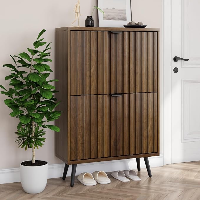 Smuxee Shoe Cabinet with 2 Flip Drawers, 23.6" Walnut Hidden Shoe Storage Cabinet with Fluted Design, Freestanding Shoe Organizer Cabinet for Entryway, Hallway, Closet, Living Room by Smuxee