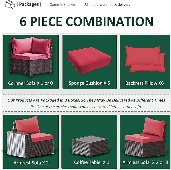 6 PCS Outdoor Patio Furniture Set,Outdoor Sectional Furniture All Weather PE Rattan Wicker Patio Conversation Set with Coffee Table and 5 Thickened Cushions,Red