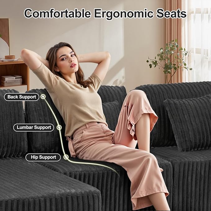 132" U Shaped Couch, Oversized Modular Sectional Sofa with Chaise, Corduroy U Shaped Couch with Deep Seat, Boneless Couches for Living Room, No Assembly Required, Gray