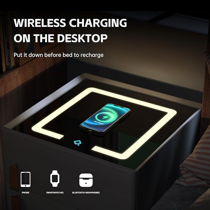 Nightstand with Drawer, Wireless Charging Bedside Table 3 LED Light Night Stand with Safe, Modern End Table with Drawers for Bedroom Office - Image 5