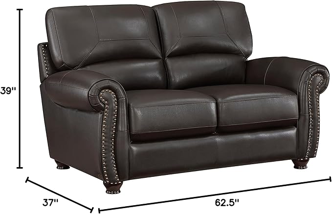 Lexicon Leather Match Couch for Living Room with Wood Frame, Rolled Armrest & Nailhead Trim, Top Grain Leather Match Sofa for Bedroom, Office, Waiting Room, 2-Seater Loveseat, Dark Brown