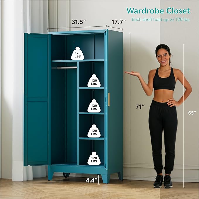 71" Tall Metal Armoire Wardrobe Closet with Hanging Rod and 3 Adjustable Shelves,Blue Storage Cabinet,Steel Wardrobe for Bedroom Garage Laundry Room Office Apartment Amployees,6 Tier,1 Pack