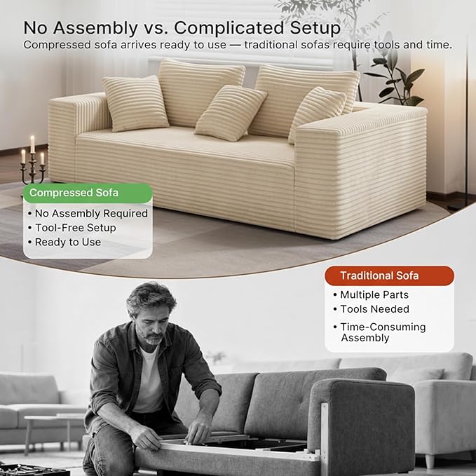 3-Seater Deep-Seat Corduroy Lounge Sleeper Sofa, No Assembly Frameless Foam Cloud Couch, Comfy Plush for Living Room Bedroom Apartment Dorm Office (Beige)