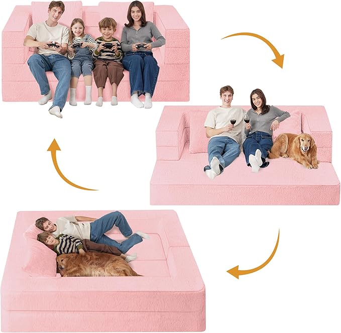 Futon Sofa Bed with Pillow, 3-in-1 Sleeper Sofa Bed with Removable Cover, Convertible Floor Sofa Bed, No Assembly Boneless Couch for Living Room, Bedroom