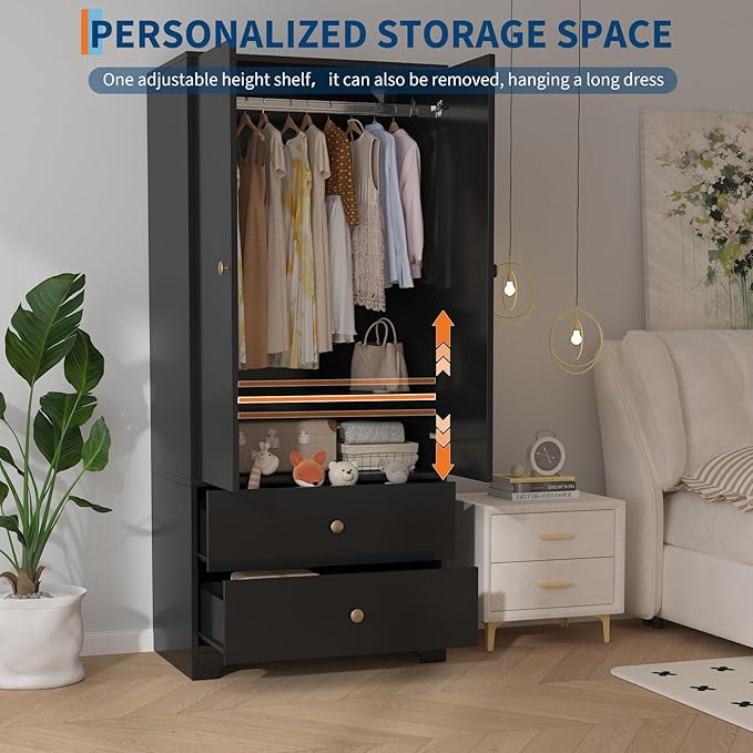 TROPOW Wood Armoire Wardrobe Closet, 71" Wood Clothing Storage Cabinets with 2 Doors, 1 Adjustable Shelf and 2 Drawers, Wardrobe Cabinet with Hanging Rod for Bedroom, Gym, Cloak Room, Black