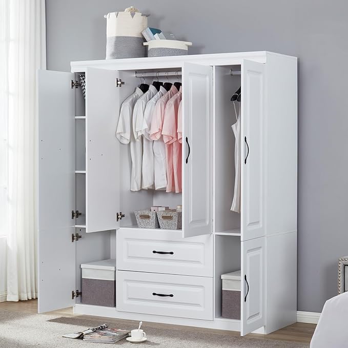 Wooden Armoire Wardrobe Closet White Large Capacity Storage Tall Clothes Cabinet with 4 Doors, Armoires and Wardrobes with 2 Drawers, 2 Hanging Rods and Shelves for Bedroom Armoire, White