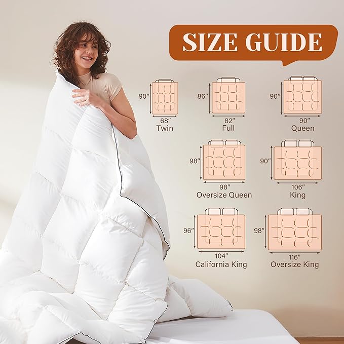 Goose Feather Down Fiber Cotton Comforter Queen Size, Ultra-Soft Duvet Insert, Hotel Collection White Quilted Comforter, All Season Bedding Comforter with 8 Corner Loops, 90x90 Inch