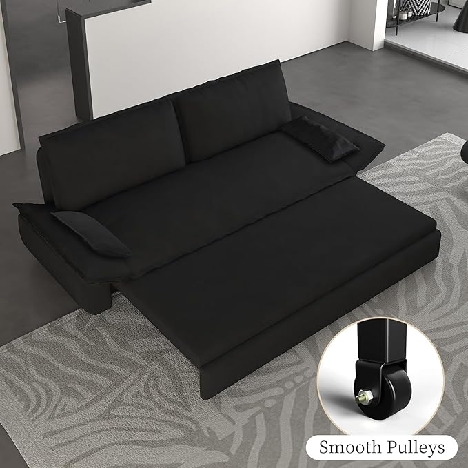 Rovibek 73" Pull Out Couch Queen Size, 3 in 1 Convertible Sleeper Sofa Bed, Velvet Convertible Sofa Bed, Futon Loveseat Sleeper for Living Room, Apartment, Black