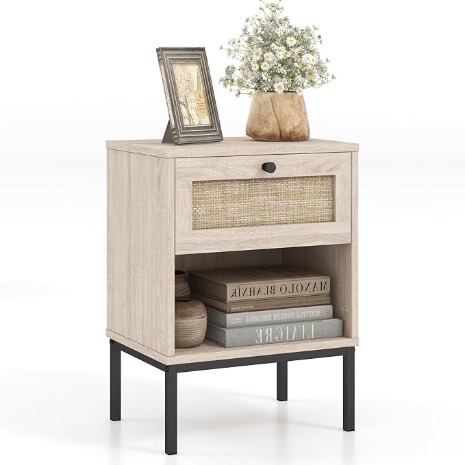 Giantex Rattan Nightstand with Drawer, Boho Side Table with 4 Metal Legs and Open Storage Shelf, Farmhouse Wood Night Stand for Small Spaces, 2 Tier Bedside Table for Bedroom Office, Oak by Giantex