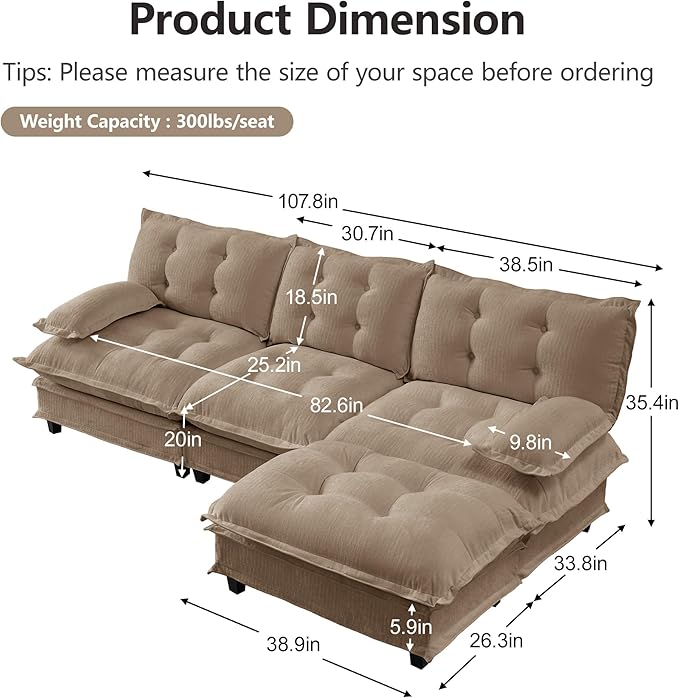 108" Oversized L Shaped Modular Sectional Sofa with Reversible Ottoman, Comfy Chenille Upholstered Cloud Couch 4-Seater Sofa Set for Living Room, Apartment, Office | Free Combination, Tufted