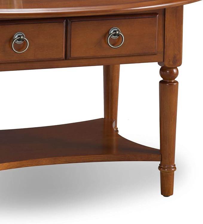 Leick Home Coastal Coffee Table, Solid Wood, Oval, with Drawer and Shelf, Pecan Brown, 20044-PC