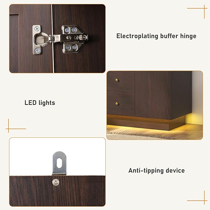 chartustriable 3 Doors Armoire Wardrobe Closet with Mirror, LED Armoire with Doors and Drawers, Wooden Wardrobe Storage Cabinet with Hanging Rod, Adjustable Shelves, Brown