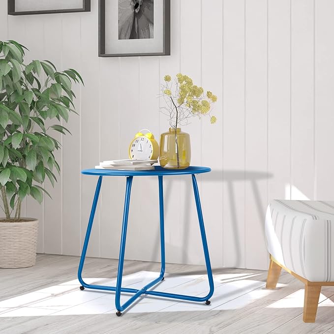 Meluvici Patio Outdoor Side Table Waterproof Round Metal Steel Small Side Table Weather Resistant Portable Outdoor and Indoor End Table for Garden Balcony Yard, Navy Blue - Image 2