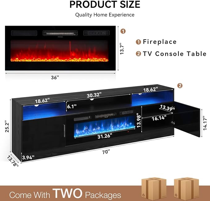 MXV 70" Fireplace TV Stand with Power Outlet for TVs UP to 80", Electric Fireplace Entertainment Center with LED Lights & Storage Cabinets, TV Console for Living Room, Office, Black-Black - Image 2