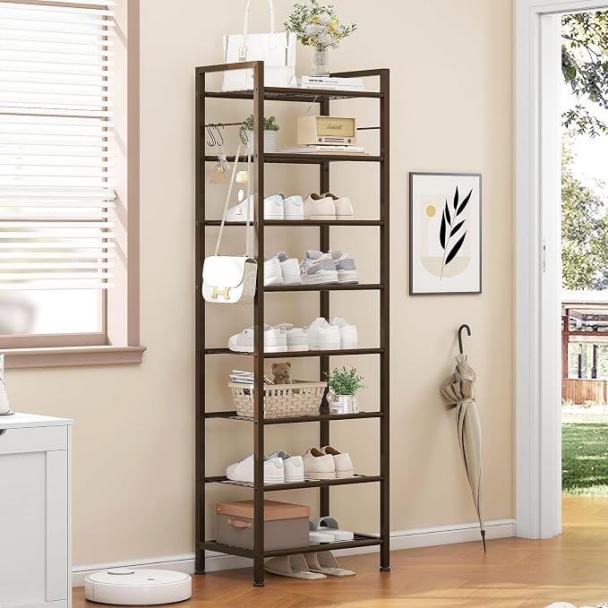 usikey 8 Tiers Narrow Shoe Rack 16-24 Pairs, Sturdy Metal Tall Shoe Rack with 4 Hooks, Slim Shoe Storage Organizer with Metal Shelf, Space Saving Vertical Shoe Shelf for Entryway BronzeUNYXJX016A - Image 2