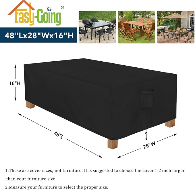 Easy-Going Patio Furniture Cover Waterproof Outdoor Rectangular Coffee Table Cover with Seal Tape at Seams (48" L x 28" W x 16" H, Black) - Image 2
