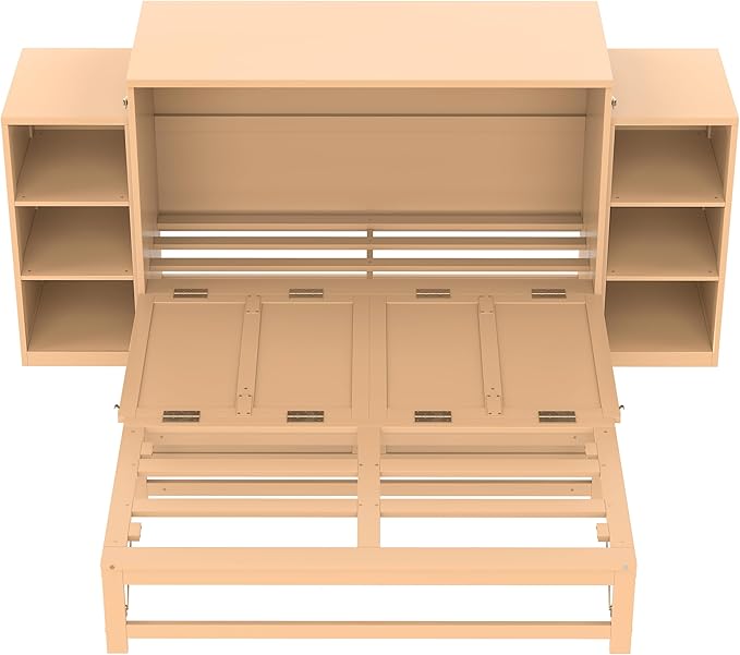 Bellemave Full Size Murphy Bed, Cabinet Bed with 2 Shelves and Storage Drawers, Farmhouse Murphy Cabinet, Noisy Free, for Guest Bedroom, Living Room, Office, Golden