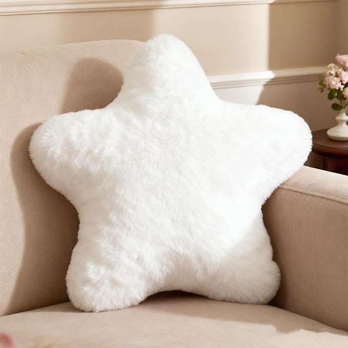 YRXRUS Star Pillows, White Star Shaped Pillow, Decorative Throw Pillow Gifts, Cute Plush Room Decor, Fluffy Faux Rabbit Fur 14"x14"Pillows for Living Bedroom