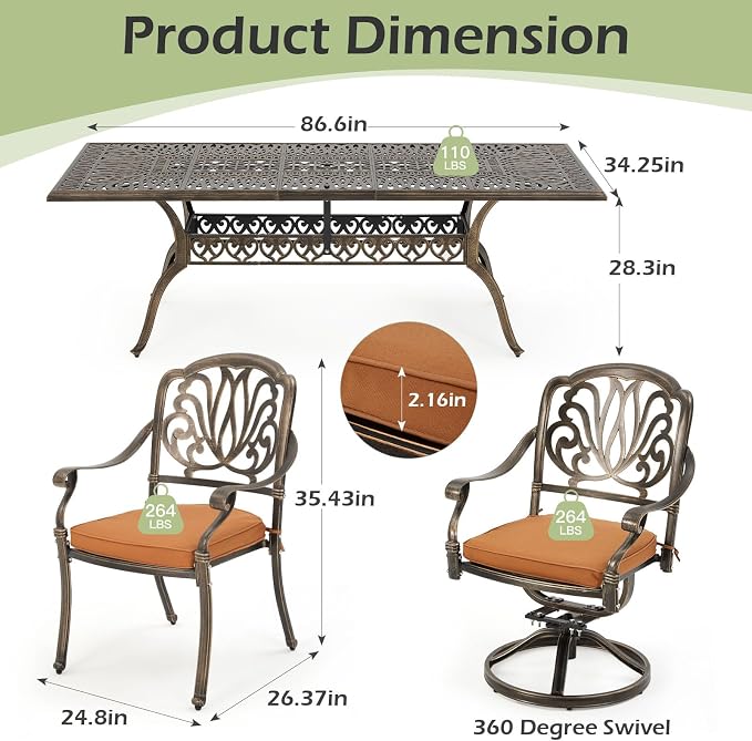 [Hi-End]9-Piece Outdoor Dining Set All Aluminum Patio Table and Chairs Set with 2 Swivel Chair & 6 Patio Chair Outdoor Dining Table Set for 8 Include 86.6’’ Rectangular Patio Table with Umbrella Hole - Image 2