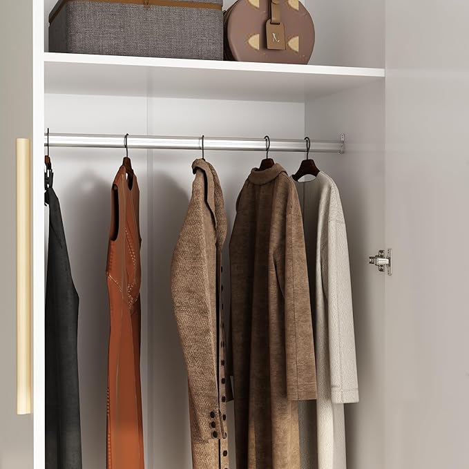 FUFU&GAGA Wardrobe Closet with 4 Doors, White Bedroom Armoire with Shelves, 2 Hanging Rods, Modern Clothes Storage Cabinet with Wood Handles for Guest Room Cloakroom, 63”W x 19.7”D x 69.7”H