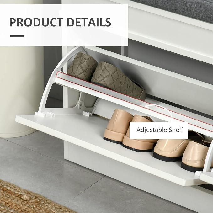 HOMCOM Modern Shoe Rack Bench for Entryway, Storage Organizer with Cushion, 2 Drawers, Adjustable Shelf, Holds 8 Pairs, White - Image 5
