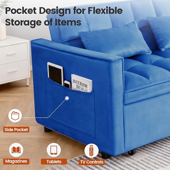 3 in 1 Sofa Bed, Love Seat Sleeper Bed with Side Pockets, Velvet Fabric Pull Out Couch with Adjustable Backrest for Living Room, Bedroom, Apartment, Blue