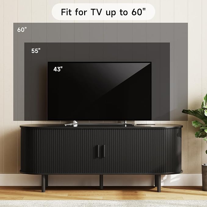 ONBRILL 55" TV Stand with Power Outlet for TVs up to 60 Inch, Entertainment Center with Storage and Adjustable Shelves, Modern Media Console with Sliding Doors for Living Room, Black - Image 6
