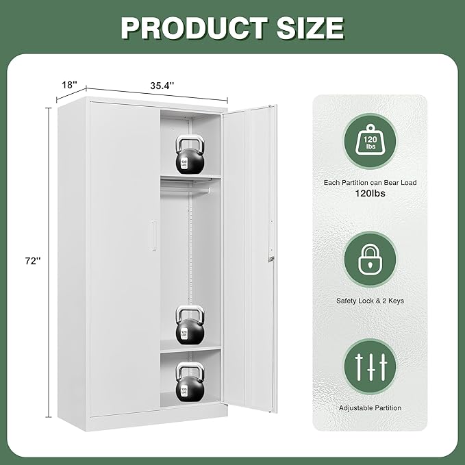 Metal Wardrobe Closet Cabinet,White Armoire Wardrobe Closets Storage Cabinets with Doors and Shelves for Laundry Room,Bedroom,Home Office,Bathroom(Long Handle)