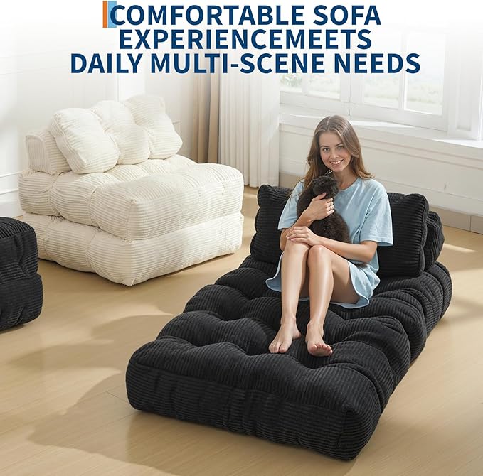 Folding Sofa Bed, Convertible Sleeper Chair with Pillow Foldable Matress with Back Support, Portable Fold Out Chair Bed Comfy Floor Sofa Lounge for Living Room Bedroom, Black, Single