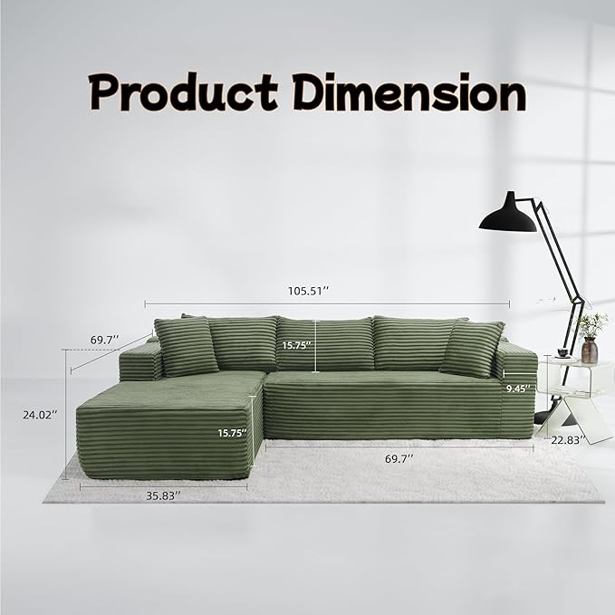 Cloud Sectional Couch, 105” Fluffy Modular L-Shape Sofa with Right Chaise Lounge, Modular Sectional Sofa in a Box, Boneless Couch for Living Room, No Assembly Required, Flannel Green
