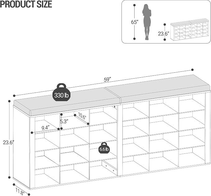 Hzuaneri Shoe Storage Bench with Cushion, Entryway Storage Bench with 24 Cubbies, 9.5" Widened Organizer Cabinet, Long Cubby Rack for Living Room, Bedroom, Entryway, White SB32403GY - Image 2