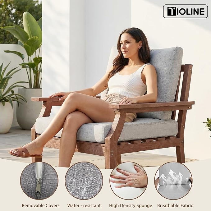 HDPE Patio Conversation Set, 6-Piece All Weather Outdoor Furniture Set with 1 Single Rocking Armchairs for Deck, Lawn, with Cushion, Brown